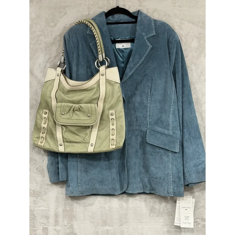 B Makowsky Leather Hobo Bag Sage Green Y2K Whipstitch Grommet Shoulder Purse